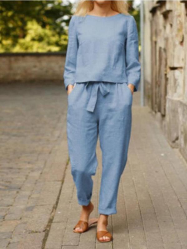 Women's Casual Basic Long Sleeve Trousers Cotton Linen Suit