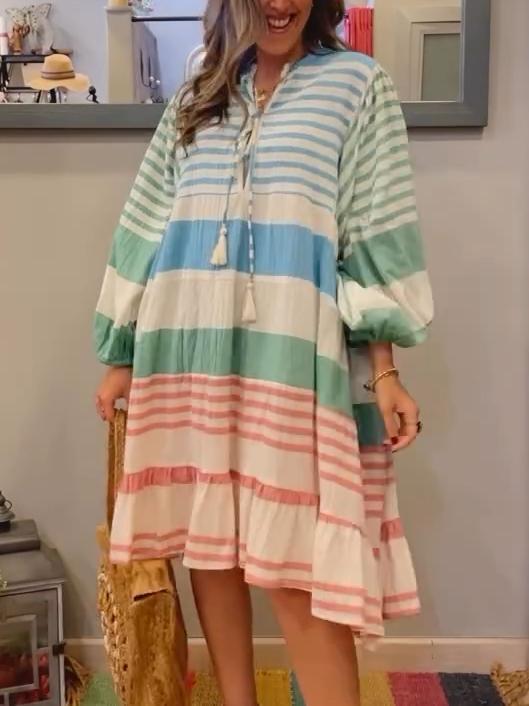 Women's Striped Contrast Long Sleeve Dress