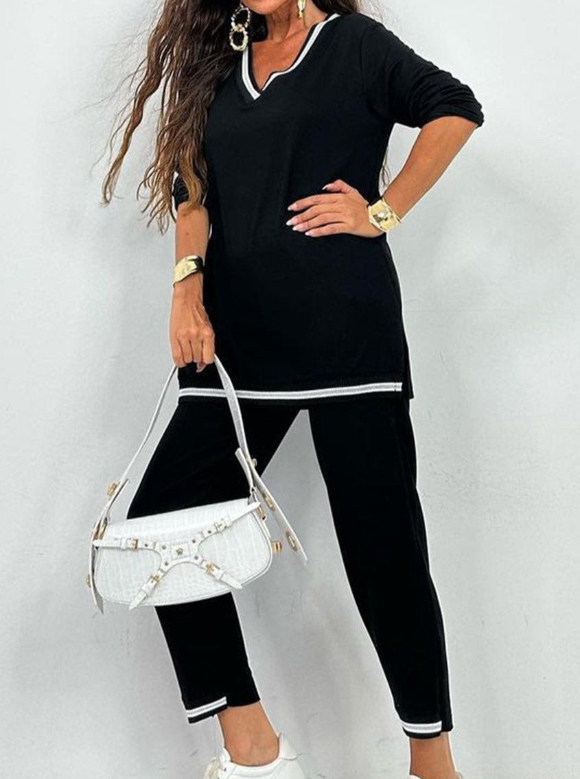 Contrast V-neck top and trousers set