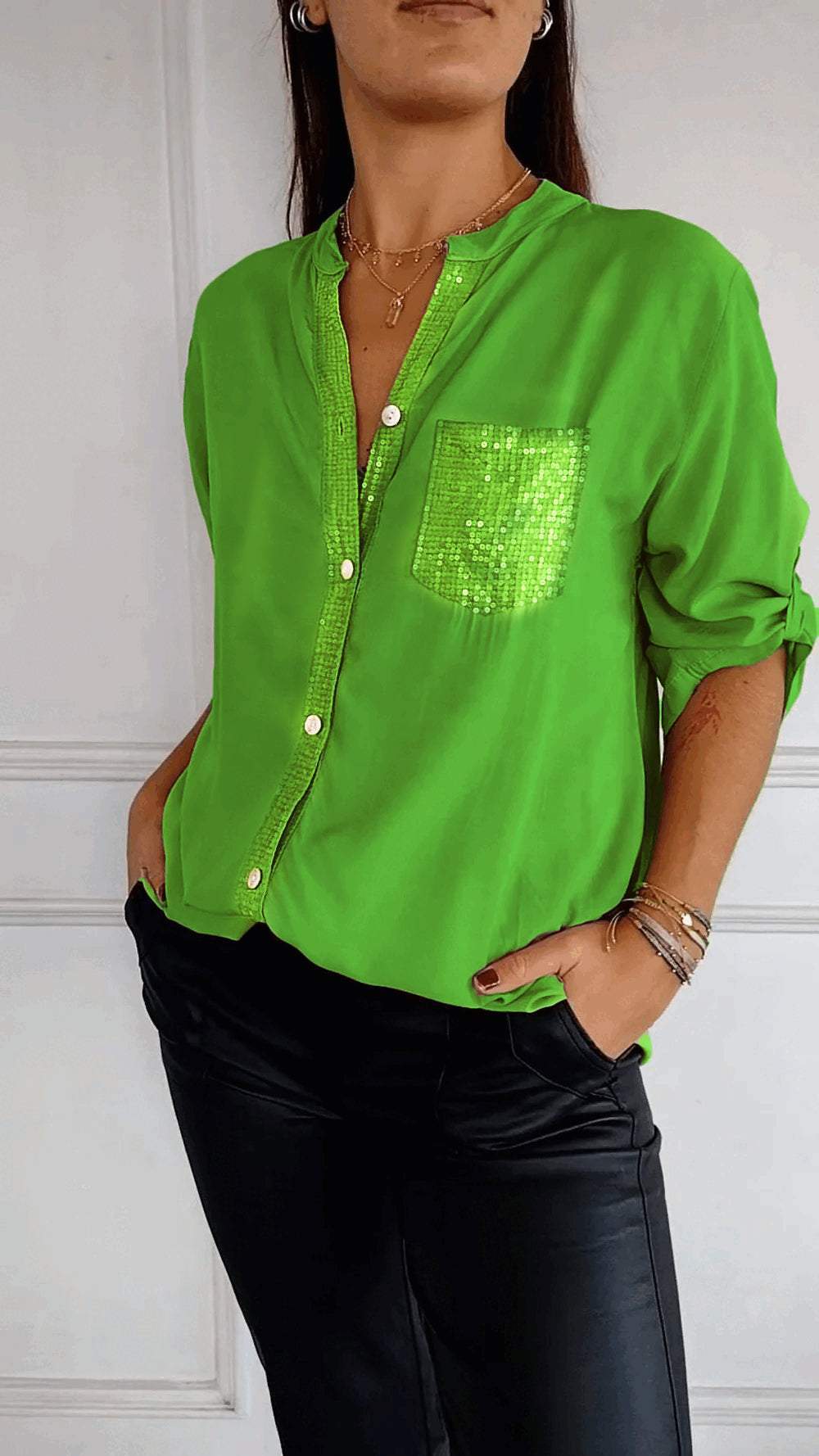 Cotton V-neck Sequin Mid-sleeve Casual Top