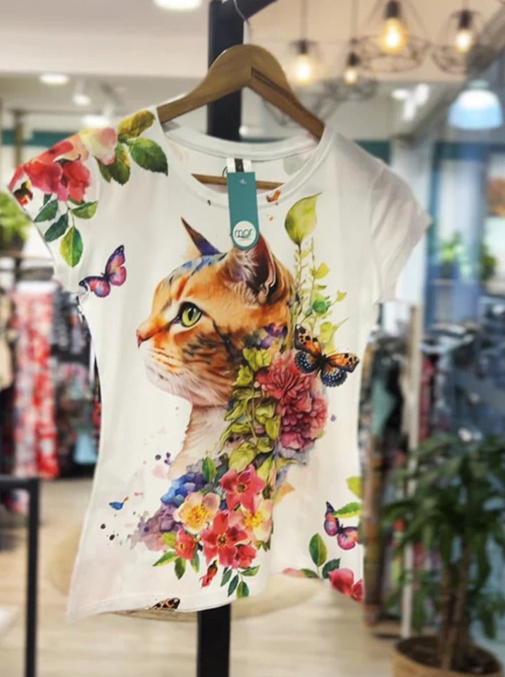 Round Neck Cute Kitten Print T-shirt