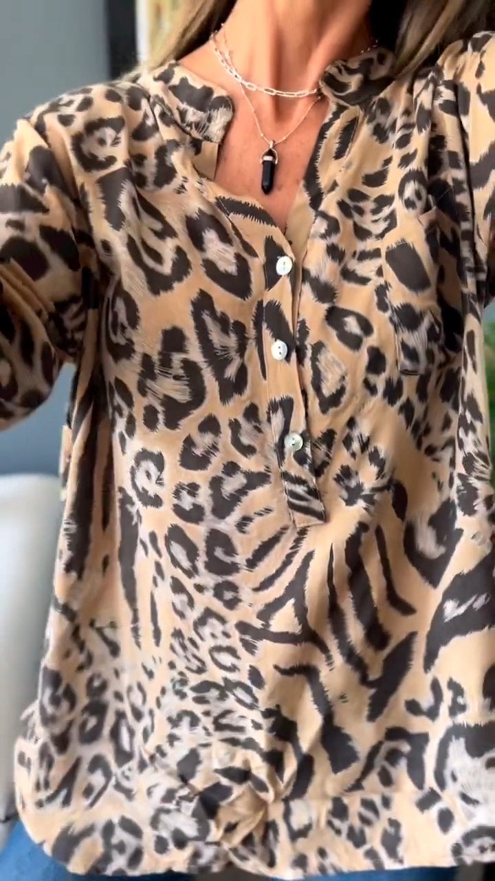 V-neck Leopard Print Cotton and Linen Top