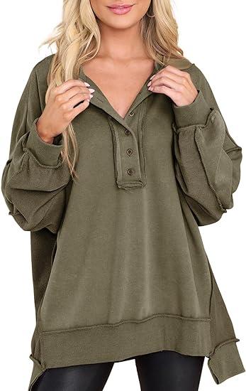 Women's Casual Oversized Button Henley Neck Pullover Tunic Sweatshirt