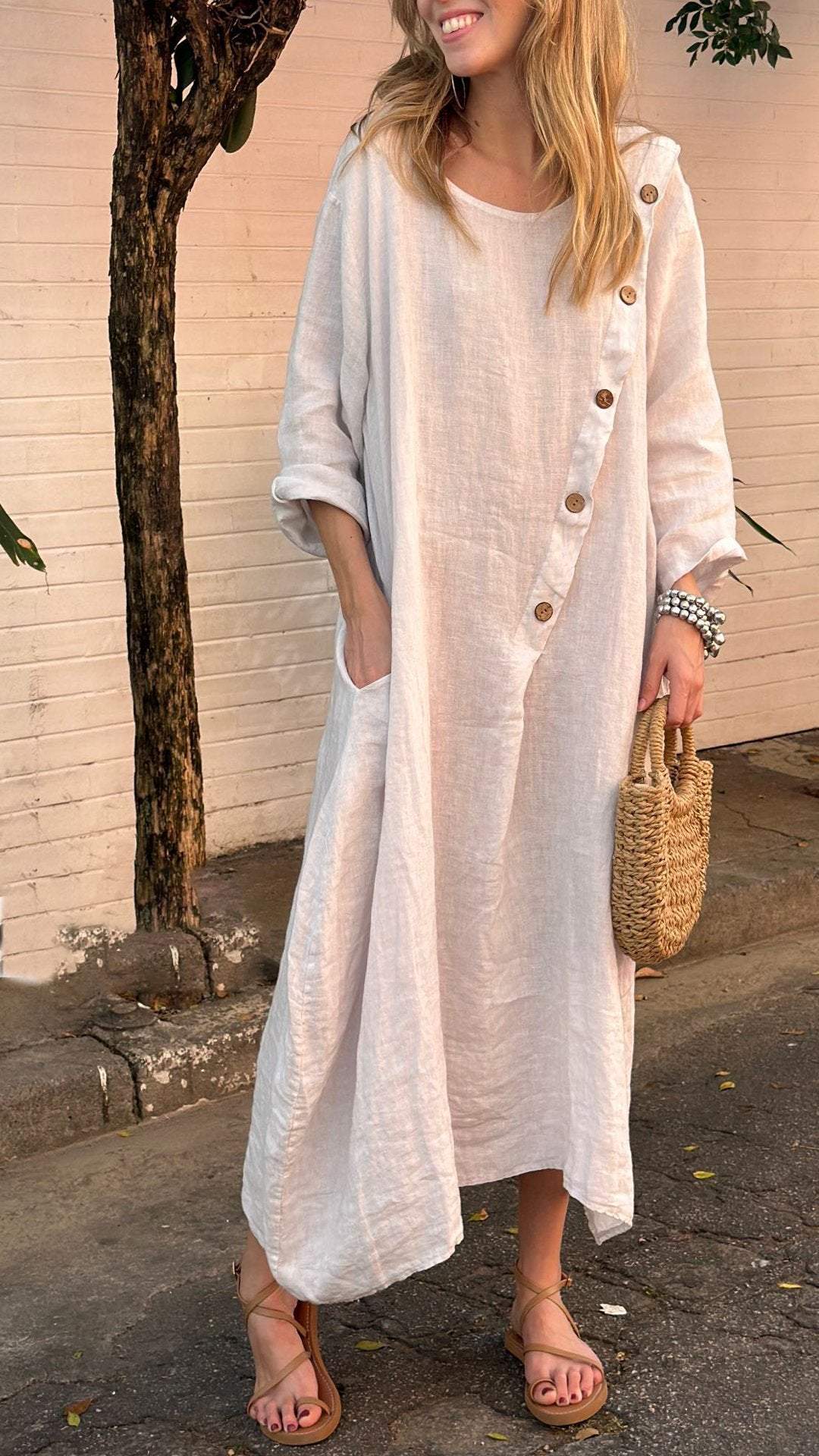 Women's Round Neck Long Sleeve Button Casual Cotton and Linen Dress