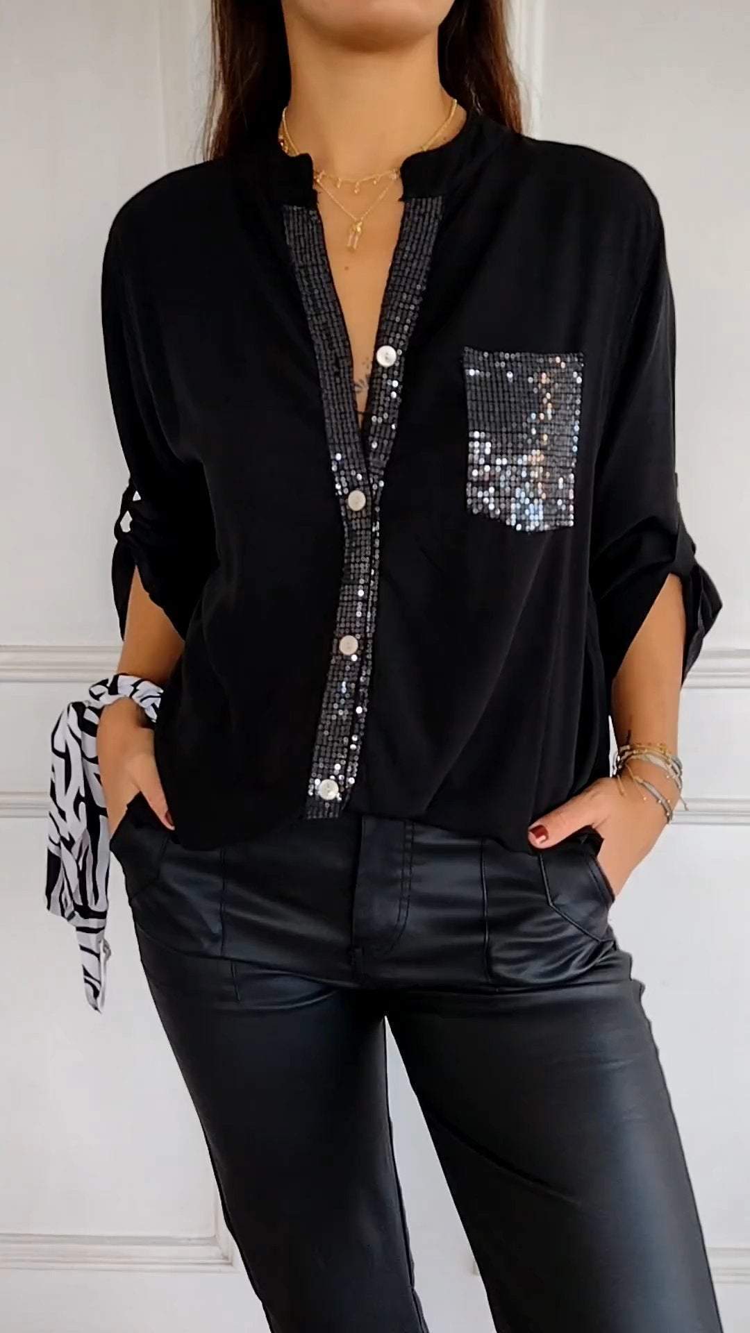 Cotton V-neck Sequin Mid-sleeve Casual Top