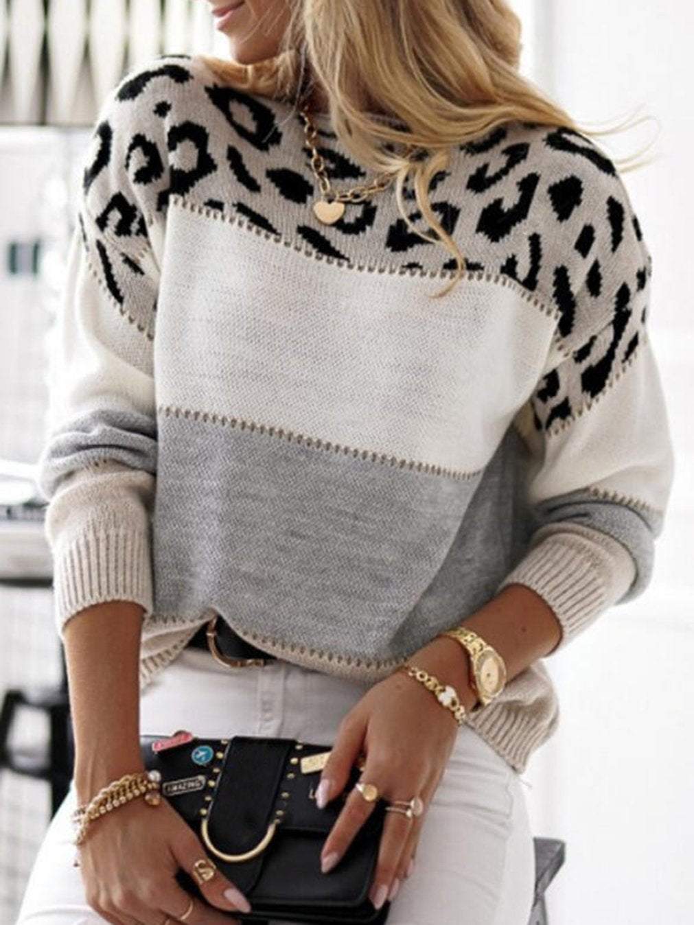 Women's Color Block Leopard Print Crew Neck Casual Sweater