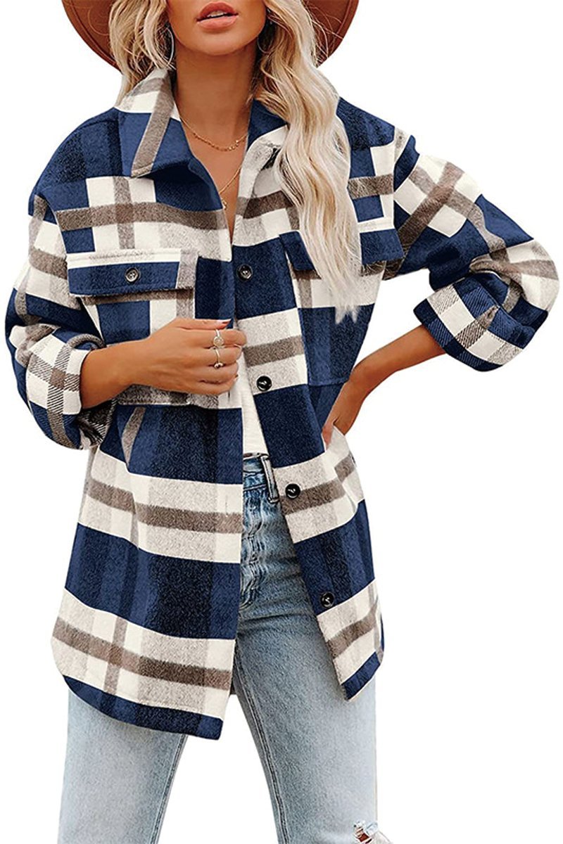 Women's Check Flannel Lapel Button Jacket