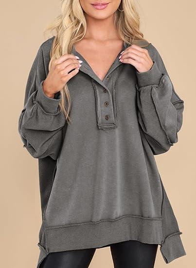 Women's Casual Oversized Button Henley Neck Pullover Tunic Sweatshirt