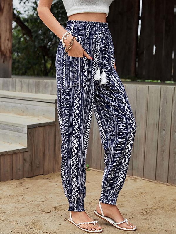 Women's high-waisted explosive ethnic holiday style printed pants
