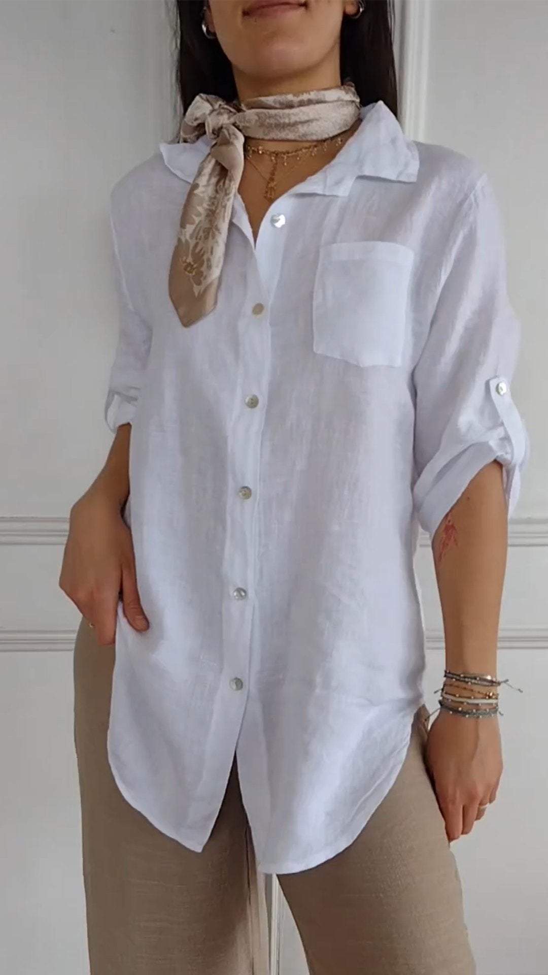 Women's Lapel Mid Sleeve Cotton and Linen Casual Shirt