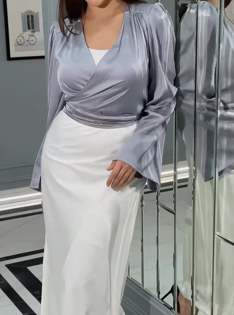 Satin V-neck top and skirt suit