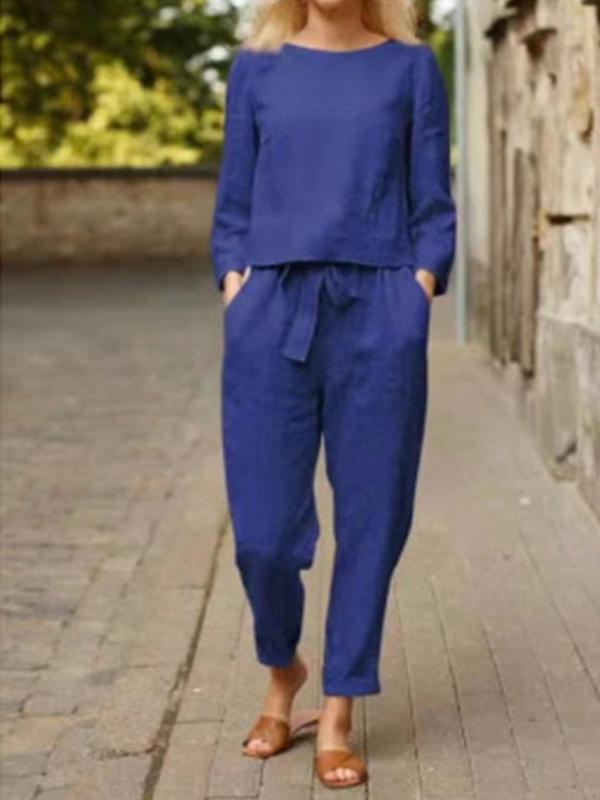 Women's Casual Basic Long Sleeve Trousers Cotton Linen Suit