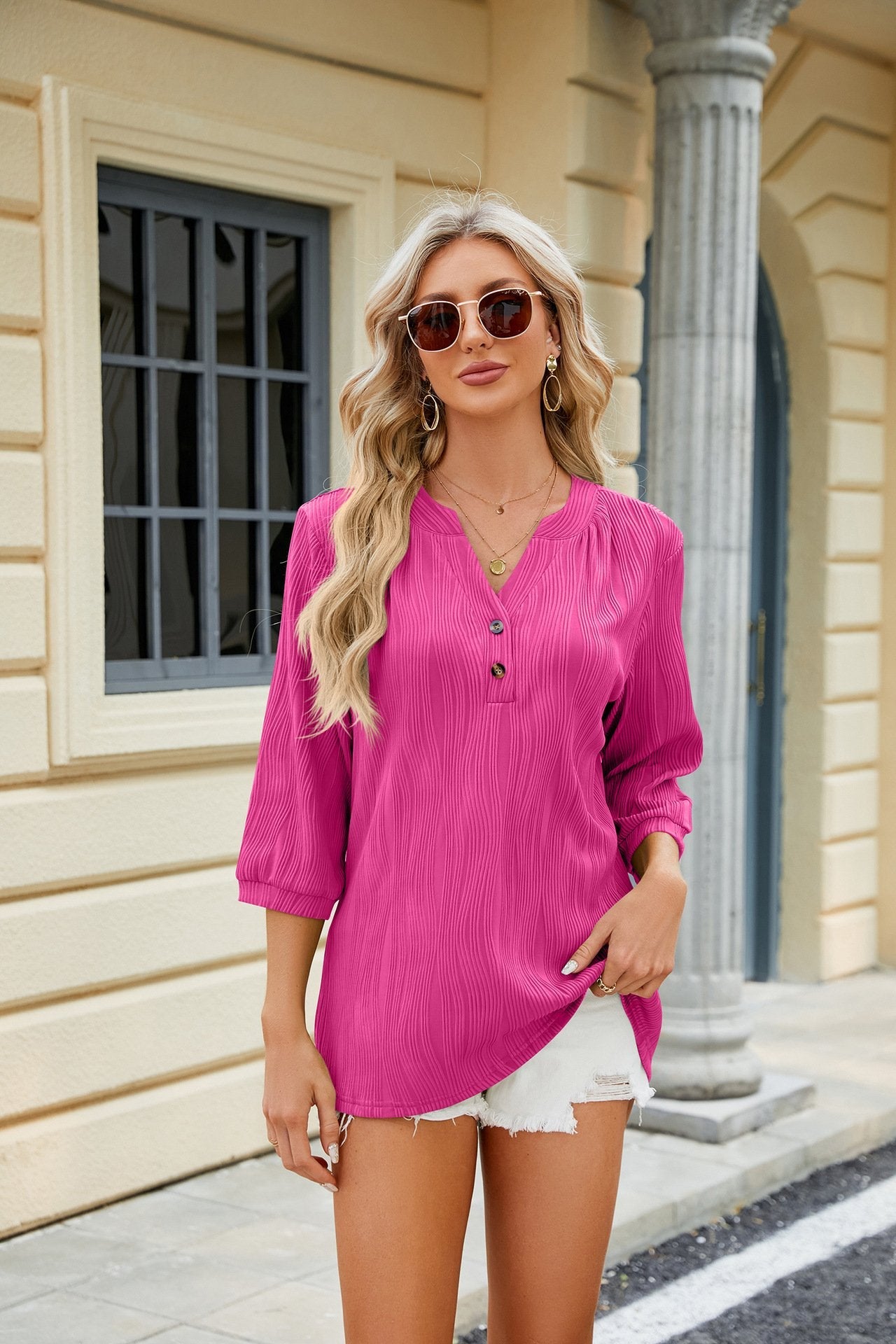Women's Solid Color V-neck Button Casual Chiffon Top