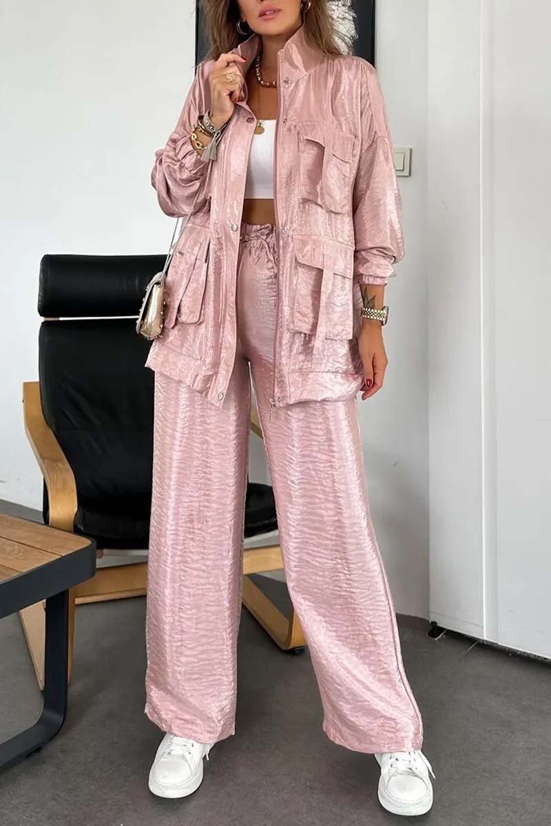 Women's Fashionable Multi-Pocket Shiny Two-Piece Set