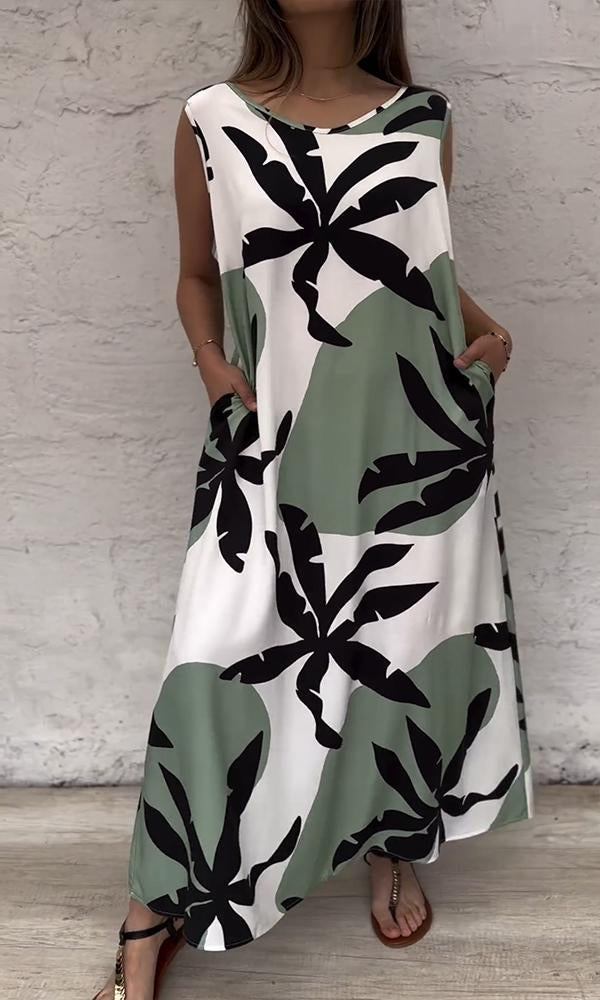 Women's Sleeveless Maxi Dress with Contrasting Palm Leaf Prints