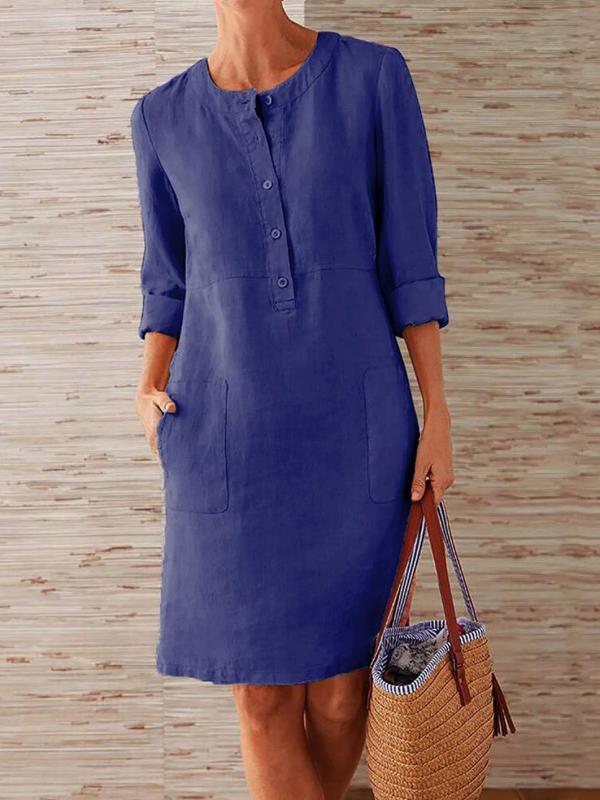 Cotton & Linen Round Neck Long Sleeve Dress