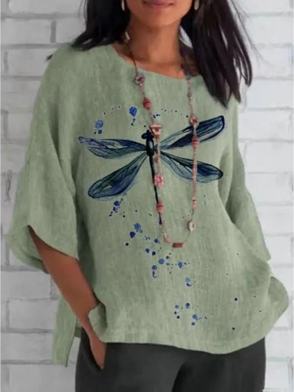 Dragonfly Printed Mid-Length Sleeve Tunic Top