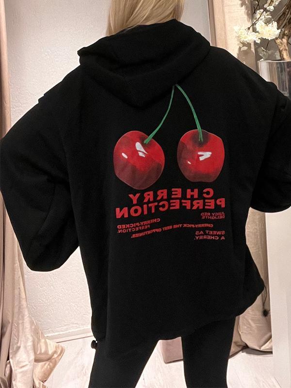 Women's Cherry Printed Hooded Autumn Sweatshirt