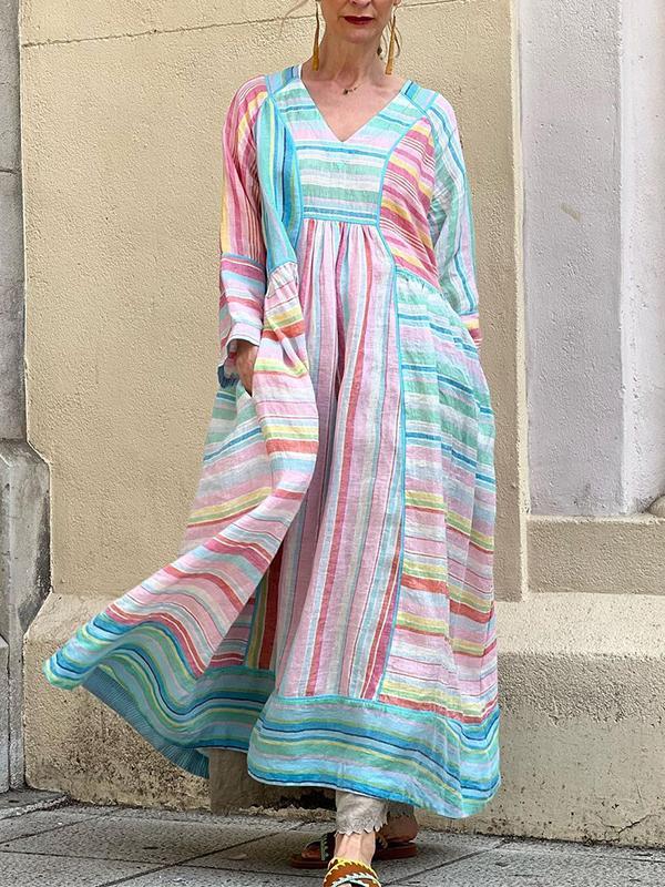 Women's V-neck Rainbow Striped Loose Dress