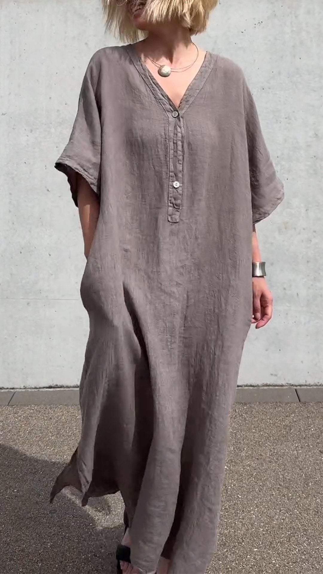 Women's V-neck Mid-sleeve Cotton and Linen Casual Dress