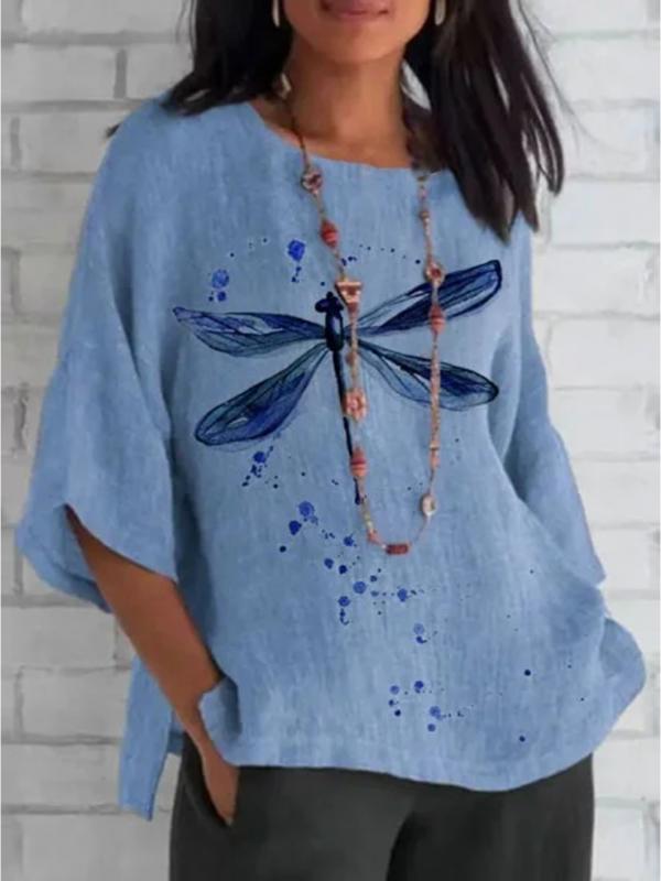 Dragonfly Printed Mid-Length Sleeve Tunic Top