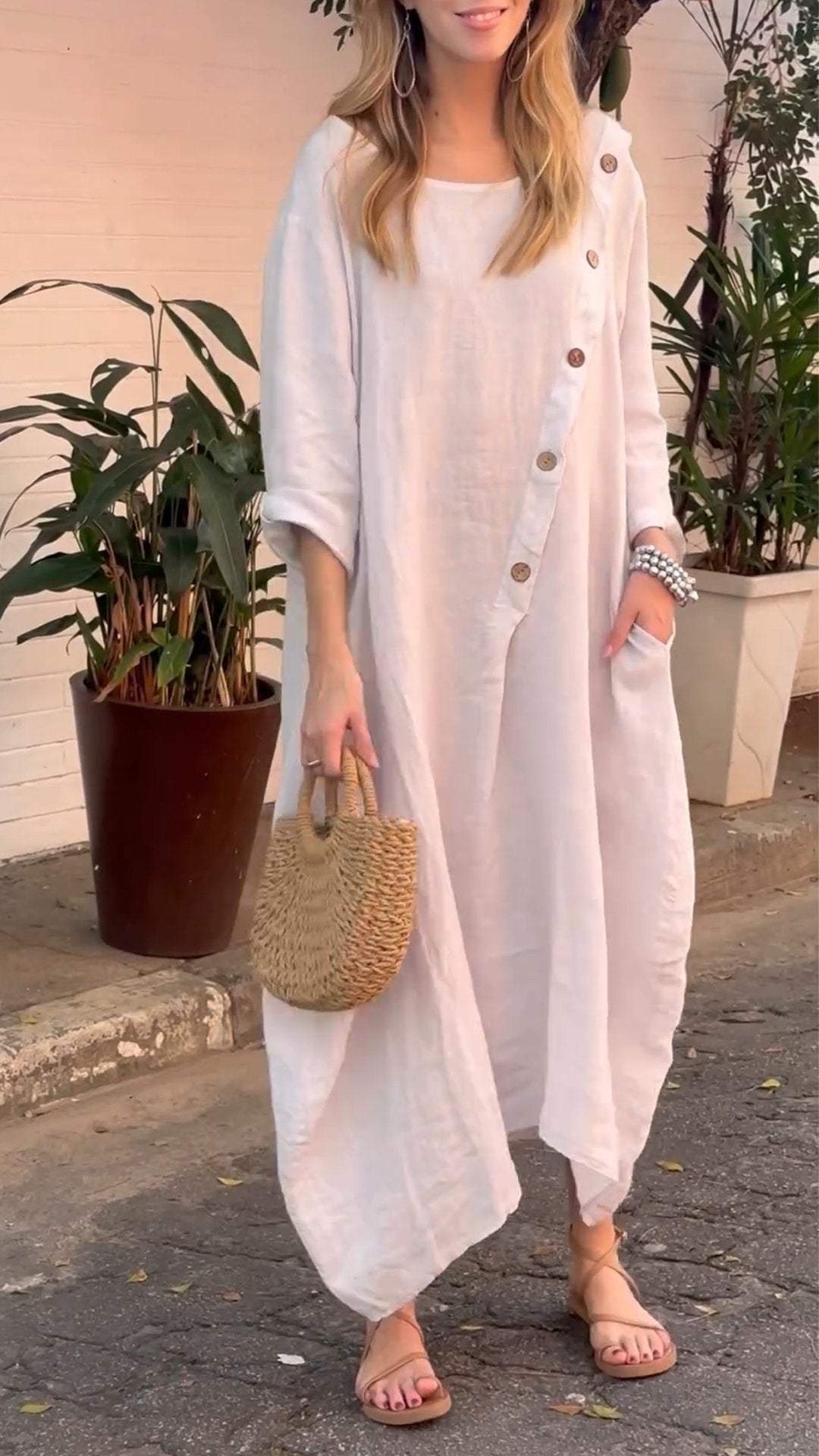 Women's Round Neck Long Sleeve Button Casual Cotton and Linen Dress