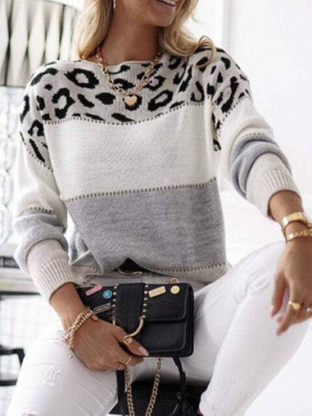 Women's Color Block Leopard Print Crew Neck Casual Sweater