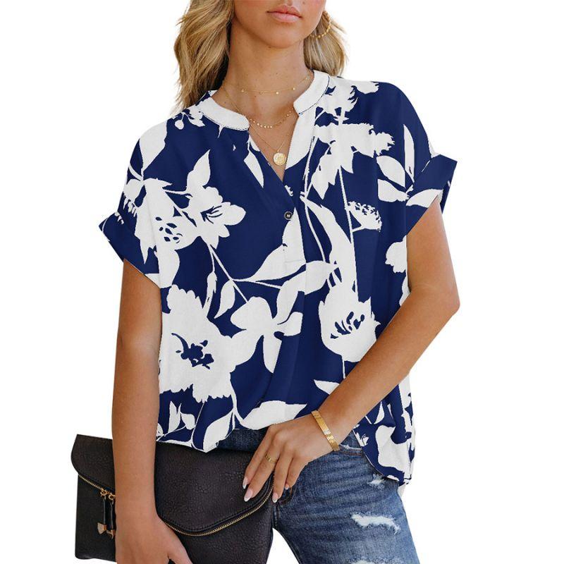 Women's loose printed short sleeve V-neck button chiffon shirt