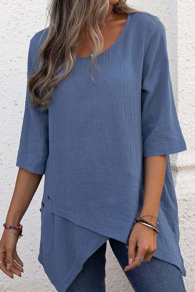 Women's cotton and linen round neck irregular hem top