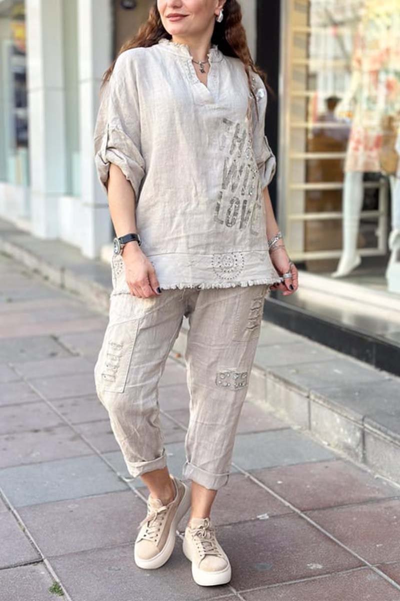 Women's casual letter printed cotton and linen top + pants set