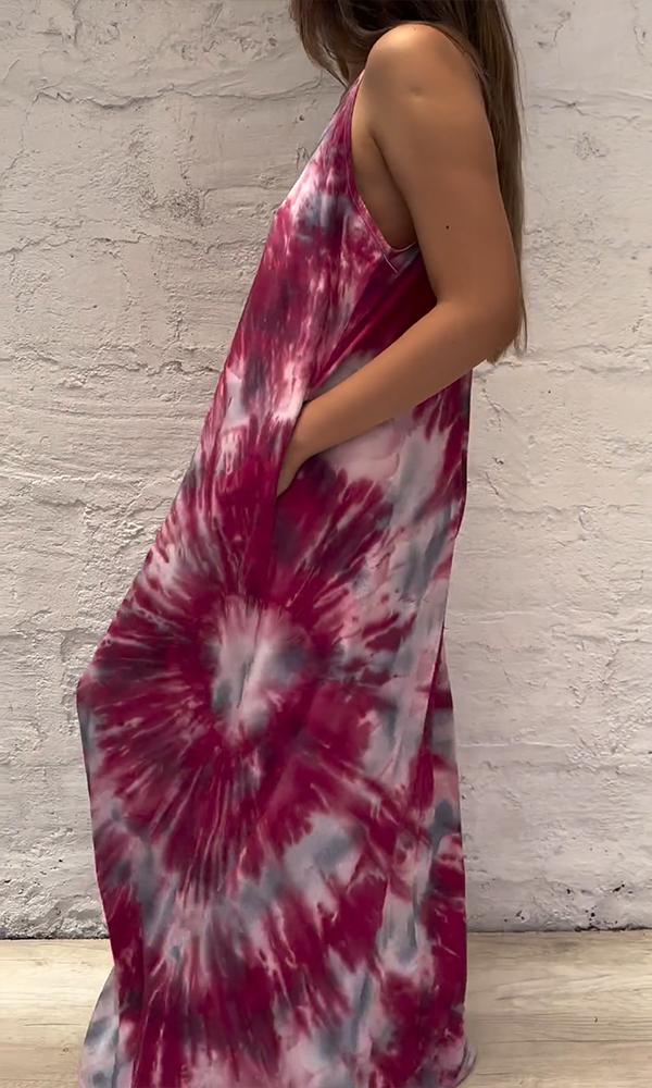 Women's Casual Loose V-neck Tie-dye Print Maxi Dress