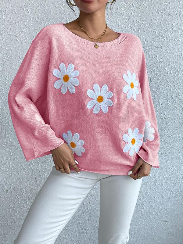 Loose Embroidered Floral Bat Sleeve Sweater Top Sweater