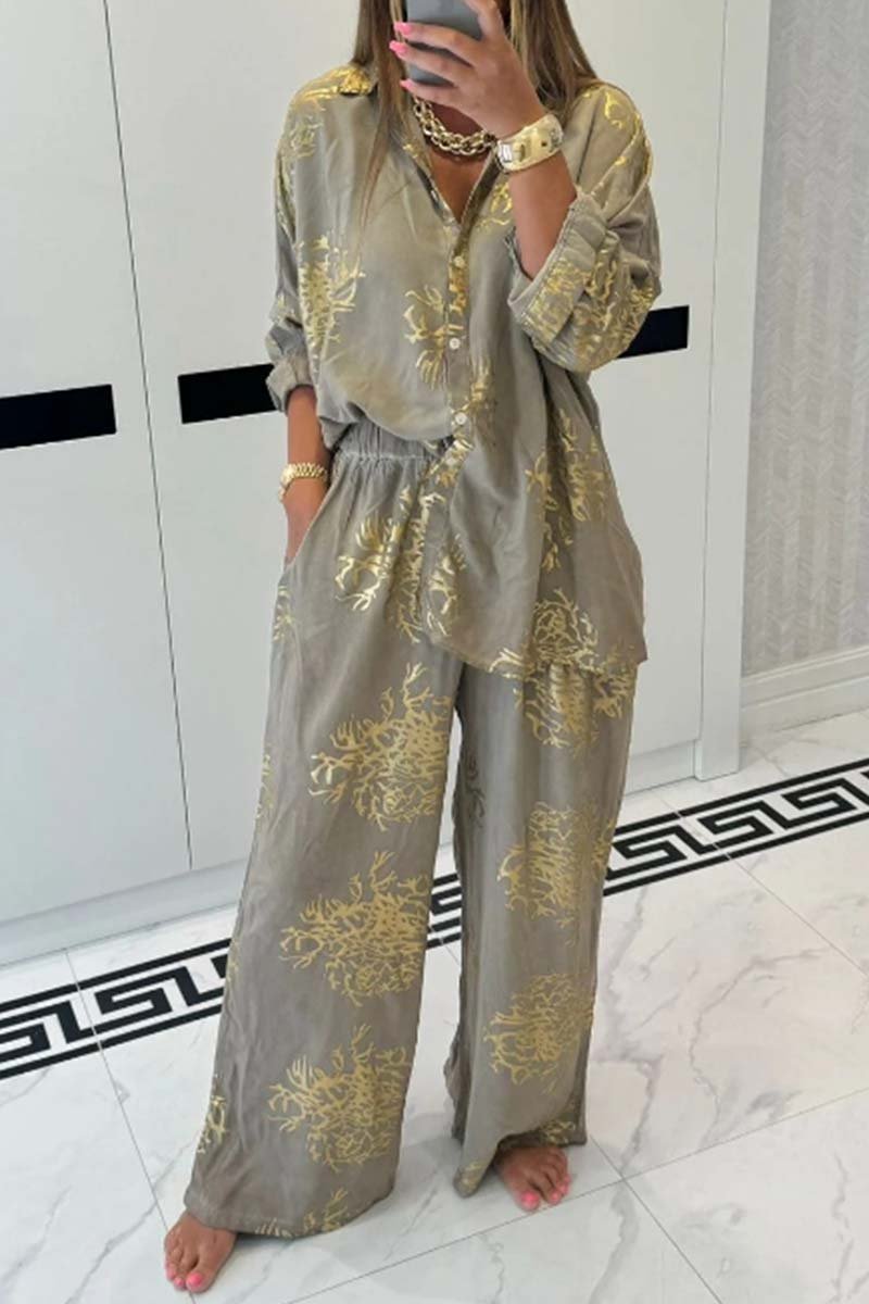 Women's casual hot stamping printed wide leg pants suit