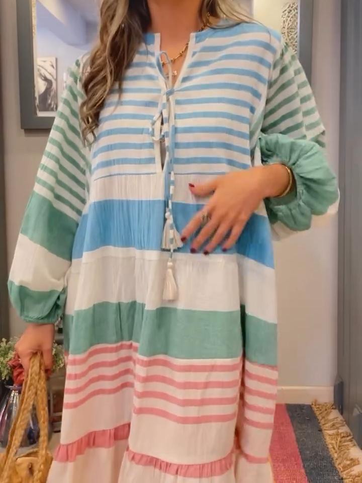 Women's Striped Contrast Long Sleeve Dress