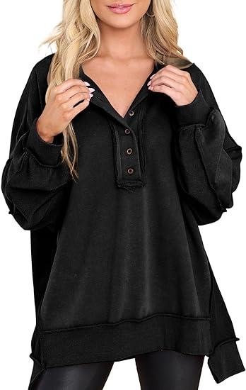 Women's Casual Oversized Button Henley Neck Pullover Tunic Sweatshirt