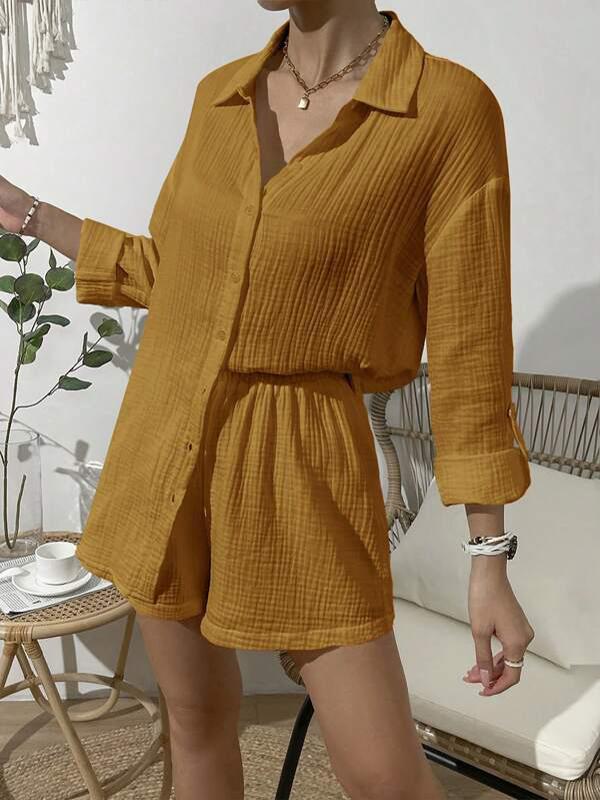 Fashion Solid Color Long-sleeved Shirt Set Loose Shorts Two-piece Set