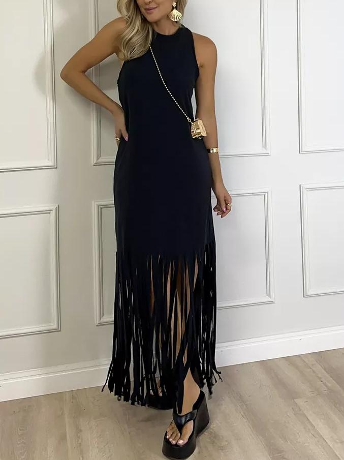 Women's Casual Solid Color Sleeveless Tassels Dress