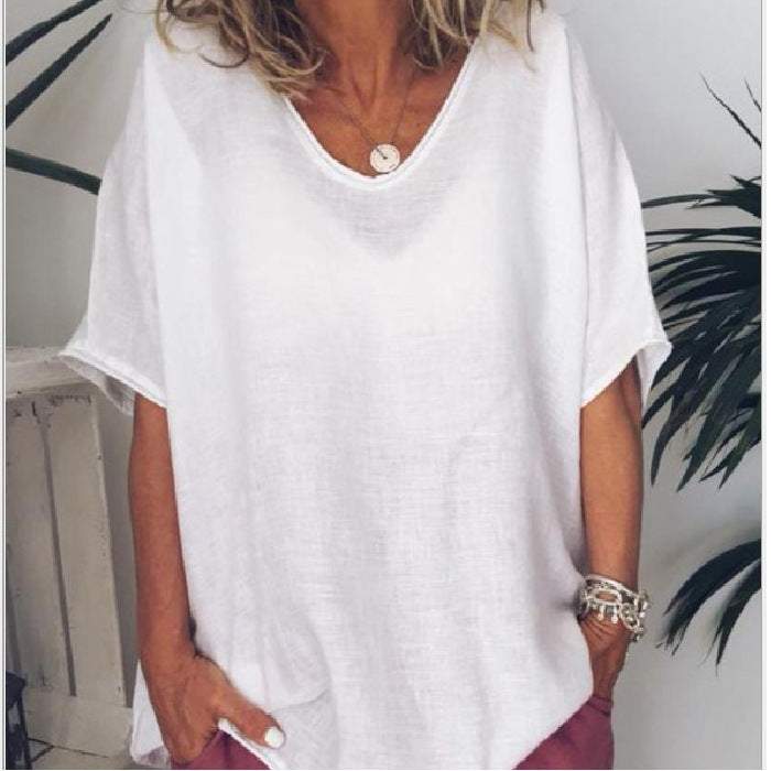 Solid loose short-sleeved casual cotton linen T-shirt