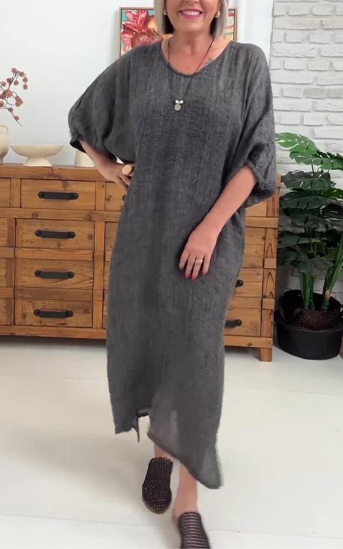 Women's Round Neck Solid Color Cotton and Linen Dress