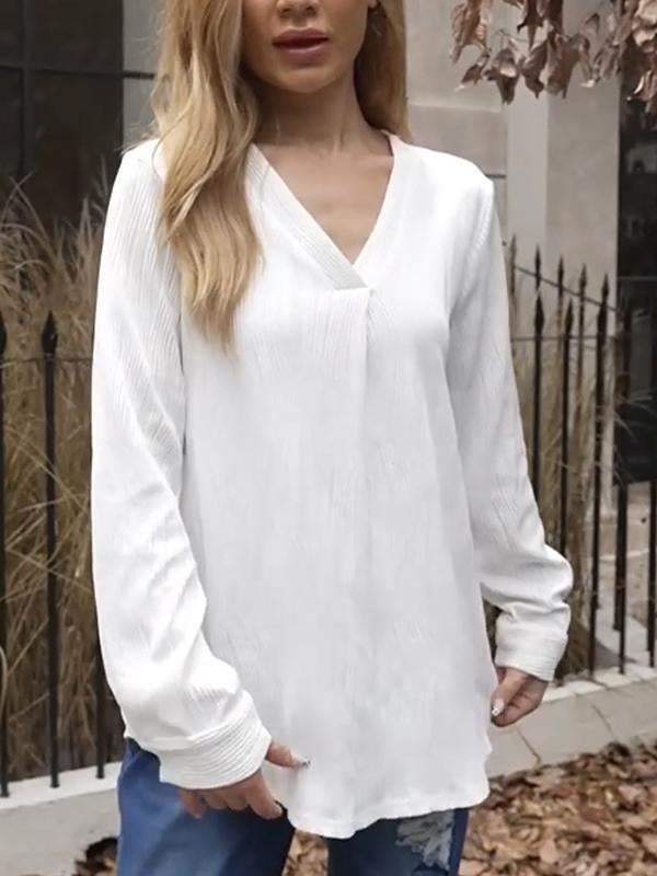 Women's Casual V-neck Ripple Long-sleeved Top