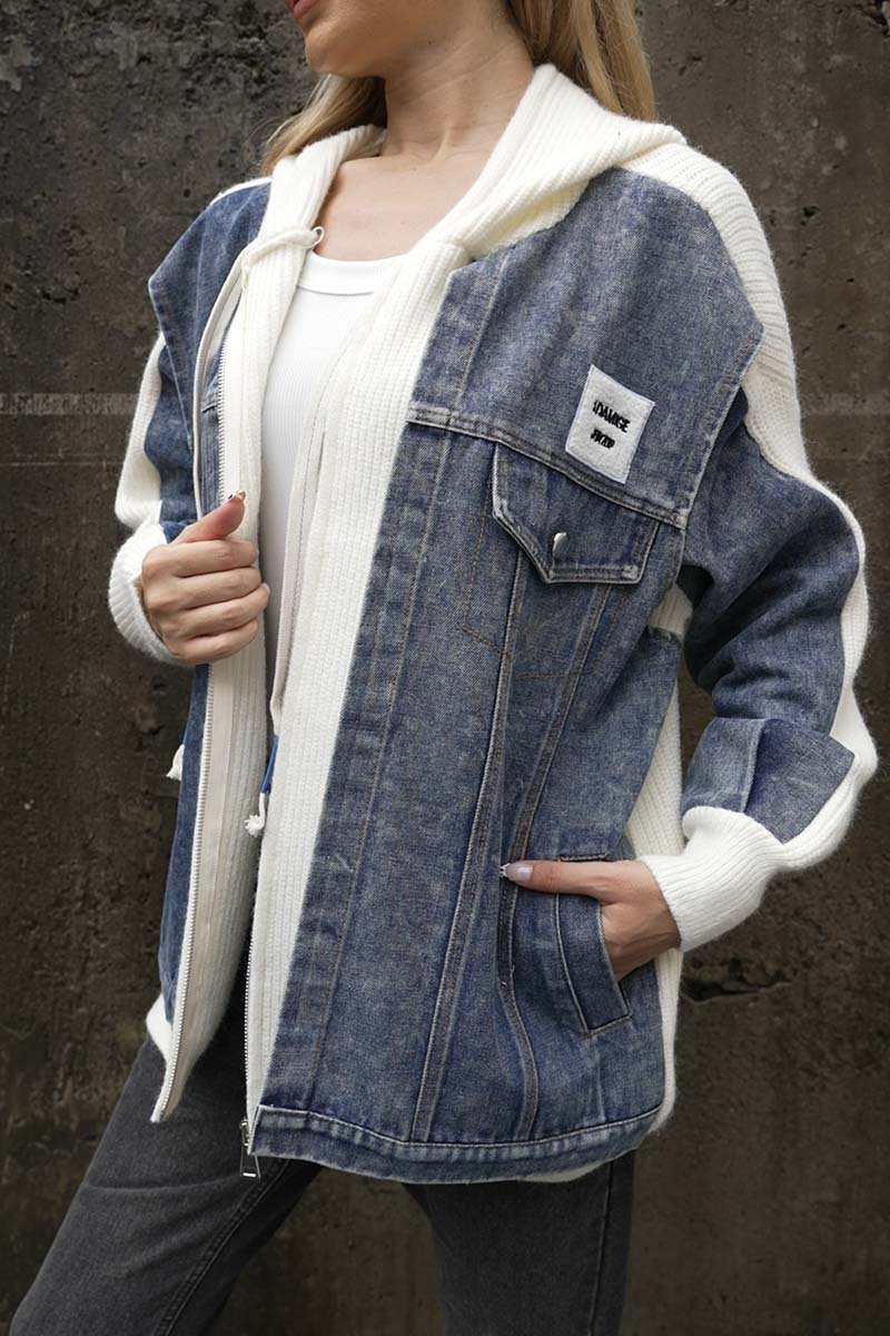 Women's Denim Patchwork Sweater Fake Two Piece Hooded Jacket