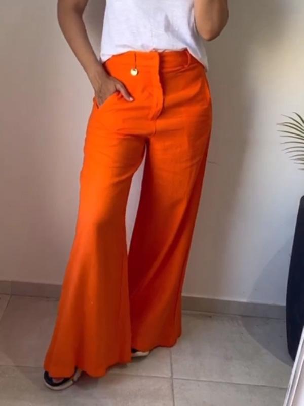Casual cotton and linen solid color wide leg pants