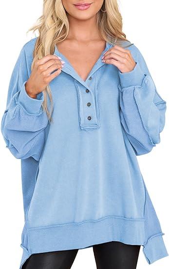 Women's Casual Oversized Button Henley Neck Pullover Tunic Sweatshirt