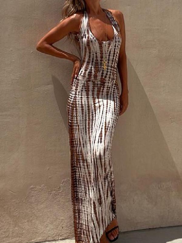 Tie-dye printed stretch-back lace-up maxi dress