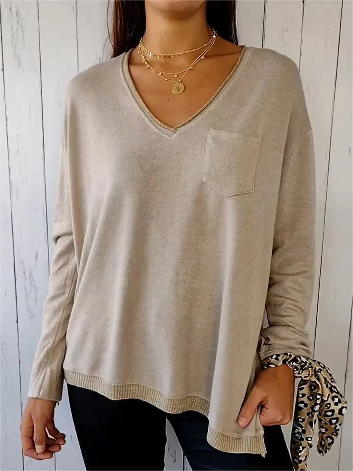 Knitted V-neck Long-sleeved Casual Top