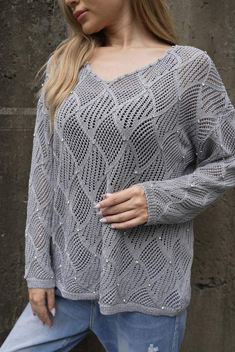 Women's Cutout Diamond V-Neck Long Sleeve Sweater