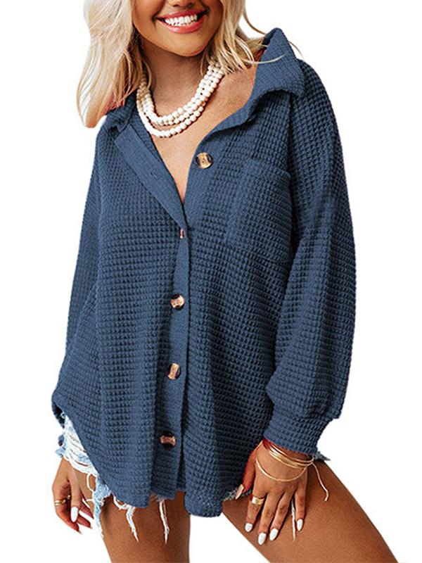 Women's Solid Color Waffle Shirt with Stand-up Collar Pocket