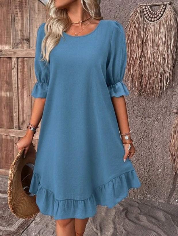 Solid Puff Sleeve Ruffle Hem Smock Dress