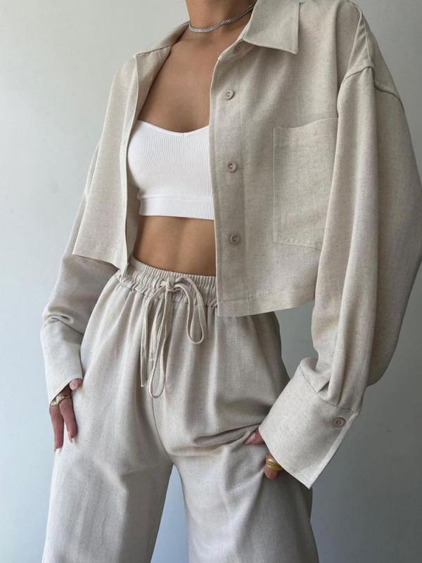 Two Piece Outfits Casual Lounge Sets Long Sleeve Short Casual Shirt With Drawstring Trousers Set