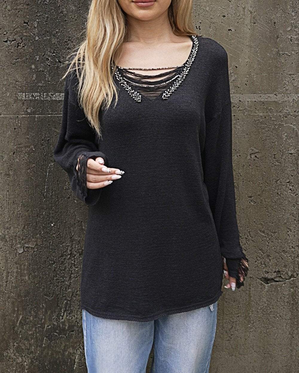 Women's Fashionable V-neck Beaded Sweater Tops